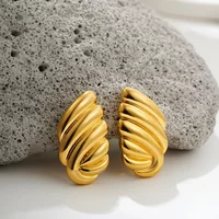 Ridged Rectangle Stud Earrings in Gold Plated for Women Stainless Steel Waterproof Wing Shape Statement Earring Retro Jewelry