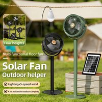 Solar charging fan with 4 adjustable heights for desktop/floor use, equipped with solar panels and lighting fixtures
