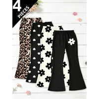 4-Pack Girls' Printed Flared Pants — Leopard Print / Hearts / Floral Multi-Pattern — High-Waisted, Elastic Waist Casual Trousers