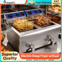 Podofo 20L Gewerbliche Elektrische Fritteuse 3000W Doppeltank-Fritteuse für Brathähnchen und Pommes Frites mit Automatischem Timer