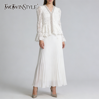 TWOTWINSTYLE Elegant Solid Two Piece Sets for Women V Neck Flare Sleeve Top High Waist A Line Skirt Diamond Set Female Fashion