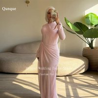 Qunque Fashion Muslim Woman Evening Dresses Long Sleeves Pleated Party Dresses Criss Cross Chiffon Robes De Soirée Customized