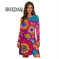 Flower Power Frauen Kleid Retro Hippie 60er Jahre Elegante Langarm Lose Kleid Lässige Mode Übergroßen Herbst Frau Print Mini kleid