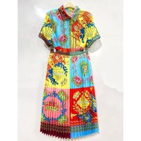 2026 Summer Women's Clothing Retro Geometric Print Lapel Short Sleeve Shirt Two-piece Set + Loose Pleated Skirt Fashion Suit