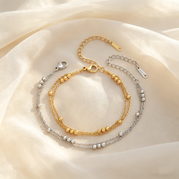 Gold Plated Double Layer Round Beads Bracelet, Stainless Steel Adjustable Thin Link Chain Bracelets, Luxury Jewelry for Women