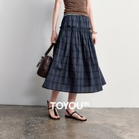 TOYOUTH Women Cotton Plaid Skirt 2026 Summer New Retro Ruffled Patchwork Elastic Waist A-Line Skirt