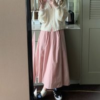 Fashion Summer New Girl Pink Solid Color Elastic Waist Skirt for Women French Women Medium Long Umbrella Skirt for Women