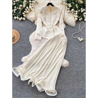 Elegant Embroidered Heavy Work V-Neck Jacket High Waist Pleated Skirt Two-Piece Set for Women Autumn Season Fashion Outfit