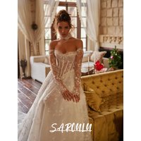 Off Shoulder Corset Bustier Wedding Dress Romantic Long Sheer Lace Sleeves Floral Appliques A-Line Bridal Gown With Train