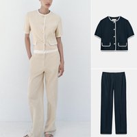High Waist Long Straight Pants And Short Sleeve Suit Jacket Color Block Design round Neck Women's Fashion Set Summer Outfit