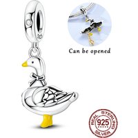 925 Sterling Silver Openable Duck Dangle Charm Bead Bow Tie Yellow Beak Feet Bead Fit Bracelets Jewelry for Women DIY Gift