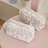 Pink Flower Women Lace Small Makeup Bag Travel Organizer Cosmetic Coins Handbag Pouch Gilrs Cute Bow Square Zipper Wallet Bags