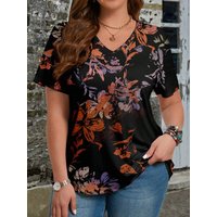 Plus Size Vintage Floral Pattern Print T-shirts Summer Fashionable High Quality Short Sleeved Casual Sports V-Neck Pullover Tops