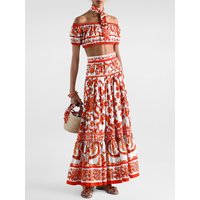 Retro geometric print short suspender strapless top two-piece set for 2026 summer women's clothing+loose A-line skirt set