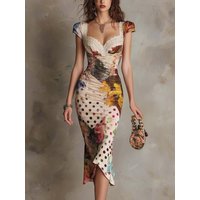 Women Fashion Floral Polka Dot Print Dress Sweetheart Neck Lace Trim Short Sleeves Ruched Bodycon Elegant Party Cocktail Dress