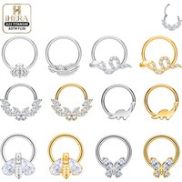 Hinged Round ASTM F136 Titanium Bling Shiny CZ Stone Inlaid Bee Butterfly Sparkly Septum Clicker Nose Hoop Earring Piercing Set