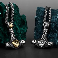 Viking Thor's Hammer Pendant Necklace Men's Vintage Nordic Jewelry Gift Stainless Steel Mixed Gold Color Rune Amulet Gift