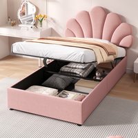 PINGGO 3ft Single Upholstered Hydraulic Bed with Adjustable Chic Petal Headboard, Soft Velvet Bed Frame with Hydraulic Storage, Petal Bed with Solid Wood Slat, No Box Spring Needed, Pink (No Mattress)