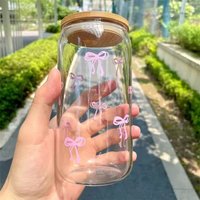 1pc 500ml Cute Glass Cup with Bow, Lid & Straw, Pink/Blue Drinking Tumbler for Iced Coffee Milk Smoothie Cocktail Juice