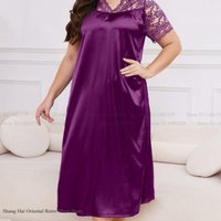 Large Size Female Long Nightgown Loungewear Sexy Patchwork Lace Short Sleeve Nightdress Sleepwear Loose Silk Satin Homewear 5XL