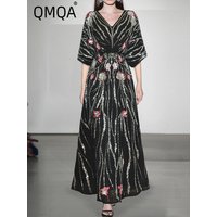QMQA Fashion Women's Elegant Dress Color Block Embroidery Sequins Mesh Spliced Design V Neck High Waist Dress Female 2024 1A121