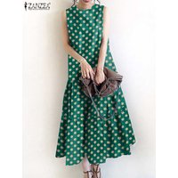 ZANZEA Women Sleeveless Polka Dot Printed Holiday Sundress 2024 Summer Bohemian Vintage Party Midi Dress Fashion Ruffled Vestido