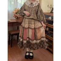 2025 New Spring Women Vintage Elastic Waist Skirts Sweet Patchwork Floral Casual Japanese Mori Girl Cotton Linen A-Line Skirt