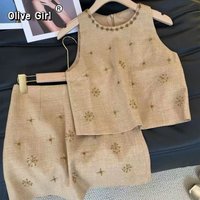 Olivegirl High End Nail Bead Sleeveless Vest Shorts Set for Women's Summer 2026 Elegant Sweet Cotton Fashion Two-piece Set