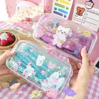 Cartoon Pencil Bag Large Capacity Stationery Bag Clear Oiled Uicksand Sequin Pencil Case Cute Cosmetic Bag