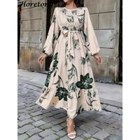 Horetong 2026 Summer Women Floral Print Maxi Dress Round Neck Long Sleeve Elastic Waist Ruffle Hem Modest Islamic Elegant Casual