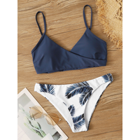 Women's Wrap V Neck Bikini Set - Solid Top & Tropical Palm Print Bottom, Spaghetti Straps High Cut Two Piece Swimsuit for Beach