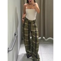 Vintage Green Plaid Long Straight Loose Pants For Women Causal High Waist Trousers 2025 Autumn New Women Pants Streetwear
