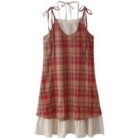 Japanese Style Vintage Beach Vacation Slip Dresses Women Embroidery Lace Patchwork Fake Two Pieces Long Dress Sweet Plaid Dress