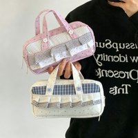 Pink Plaid Polka Dot Pencil Case Large Capacity Multi-Layer Pen Pouch for Middle School Girls Handheld Stationery Organizer