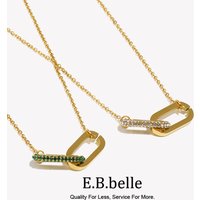 E.B.belle Micro Set Rhinestone Green Pink Paper Clip Link Pendant Necklace For Woman Stainless Steel Necklace Jewelry For Party