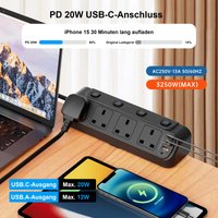 Uk Ac Plug 3250W Power Strip Independent Switch 2m Extension Cord Triangular Fixed Socket with 2Usb-A 2Usb-C Charging Ports