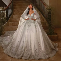 Customized Luxury Satin Ball Gown Wedding Dress Lace Pearls Beaded LongSleeves Sheer Neck White Bridal Gown Vestido De Novia