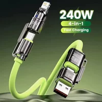 240W Super Fast Charging 4 In 1 Data Cable Dual Type-C+Lightning+USB Ports Phone Charging Cable For iPhone Samsung Huawei Xiaomi