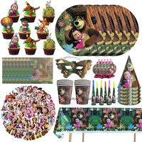 Masha And The Bear Theme Birthday Party Decorations Tableware Set Backdrop Tablecloth Balloons Kit Sticker Banner Party Supplies