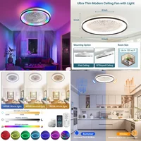 19 Inch RGB Dimmable LED Enclosed Ceiling Fan with Light Flush Mount Bladeless 6 Speed Remote Control for Bedroom Party