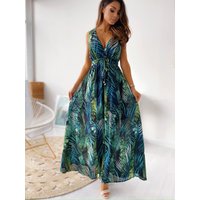 Women Tie-Up Backless Party Beach Dress Sexy V Neck Boho Long Dresses Summer Elegant Print Sleeveless Lady Maxi Dress Vestidos