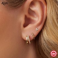 Aide 3pcs Set 925 Sterling Silver Double Gold Hoop Mini Zircon Stud Earrings For Women Hypoallergic Elegant INS Piercing Jewelry