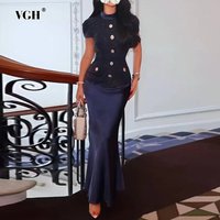VGH Temperament Two Piece Sets For Women Stand Collar Short Sleeve Spliced Button Top High Waist Long Skirts Chic Set Female New