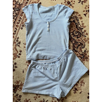 Blue Striped T-shirt Shorts Set Woman Three Buttons O-neck Slim Tees Elastic Waist Sweatshorts Sweet Cotton Home 2 Piece Sets