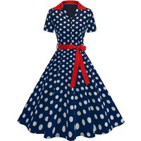 50s 60s Hepburn Vintage Polka Dot Print Swing Party Dress Women Summer Turn Down Collar Short Sleeve Rockabilly Dress With Belt