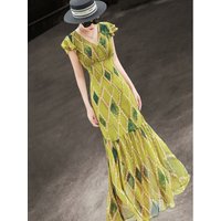 MEXCOCO 2026 New Summer French Retro V Neck Ruffle Cap Sleeve Geometric Print Ruched Waist Flounce Mermaid Maxi Dress