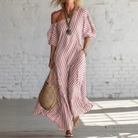 Summer Women New Off Shoulder Loose Beach Dresses Casual Slant Neck Short Sleeved Fashion Striped Printed Pocket Holiday Dress