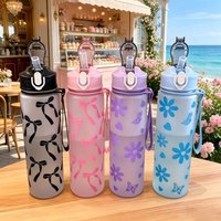 Water Bottle with Full Print of Flowers and Bowknot Patterns, Trendy & Stylish, Lightweight with Portable Lanyard, Durable