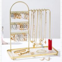Gold-Plated Iron Double-Sided Jewelry Stand Large-Capacity Multi-Tier Shelves/Hooks, All-in-One, Sturdy Anti-Tipping