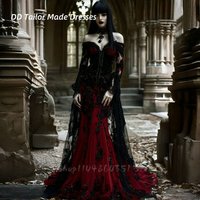 Vampire Gothic Prom Dress Black And Dark Red Special Occasion Gown Lace Appliques Flare Sleeves Masquerade Dress Customized